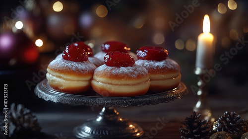 Hanukkah Donuts with Red Jam Dot. photo