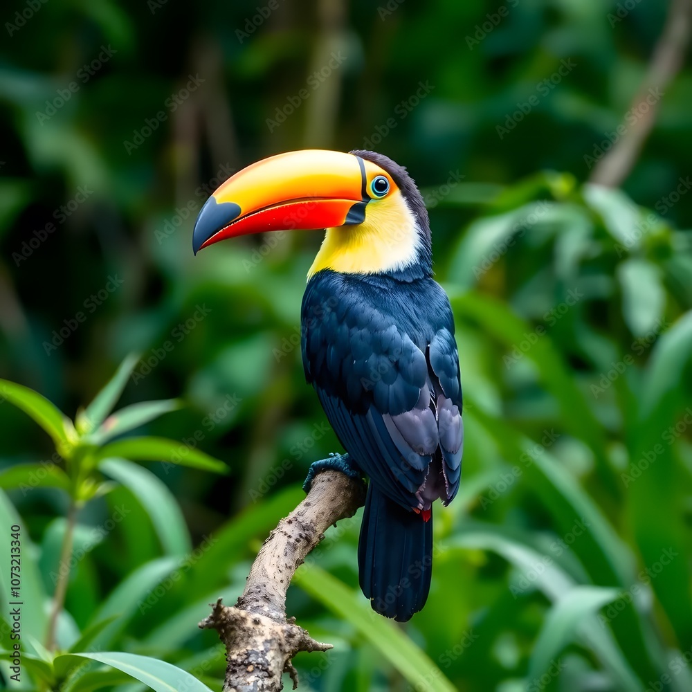 Naklejka premium Keel billed toucan beautiful toucan close up. Wildlife in Costa Rica Keel billed Toucan a beautiful bird with a large bill found in its natural habitat within the Central American forest.