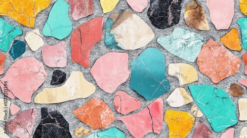 Wallpaper Mural A vibrant mosaic of colorful stones in shades of turquoise, pink, and cream, creating an artistic, textured surface. Torontodigital.ca