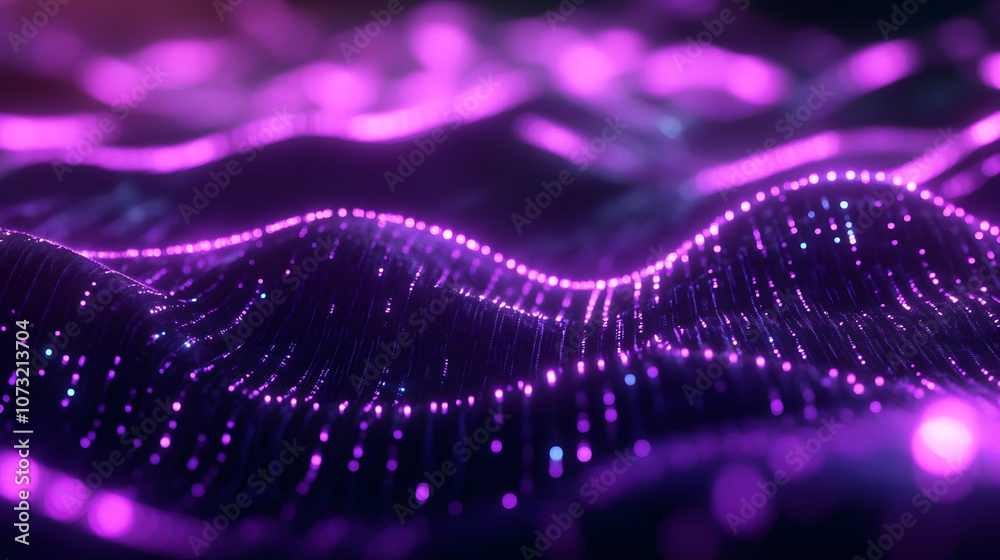 A flowing purple digital terrain illuminated with glowing dots and radiant light, resembling a surreal futuristic landscape.

