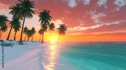 A serene sunset over a tropical beach with palm trees silhouetted against a vibrant sky.