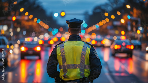 Police officer directing traffic in reflective vest, back view, blurred cars with headlights on in the background