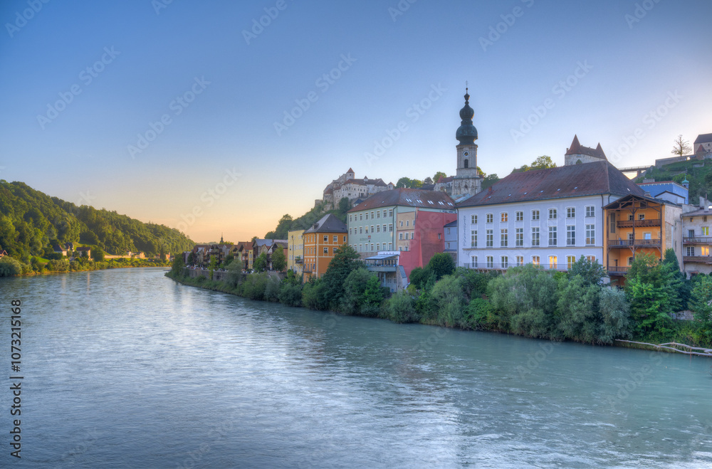 Fototapeta premium City of Burghausen with Castle Burghausen, Longest Castle in Europe, with Salzach River, State of Bavaria, Germany
