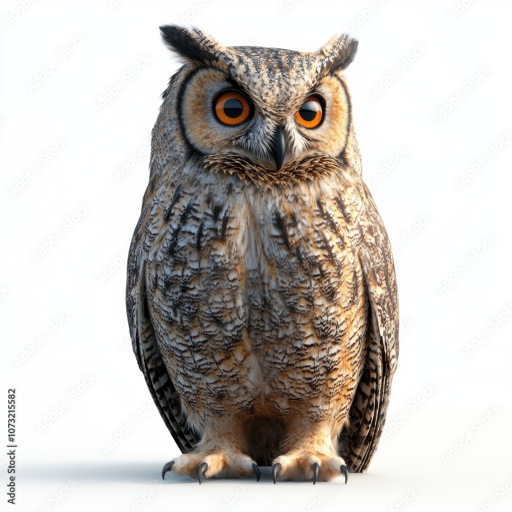 Obraz premium A detailed, realistic owl with prominent orange eyes and intricate feather patterns, standing upright against a plain white background.