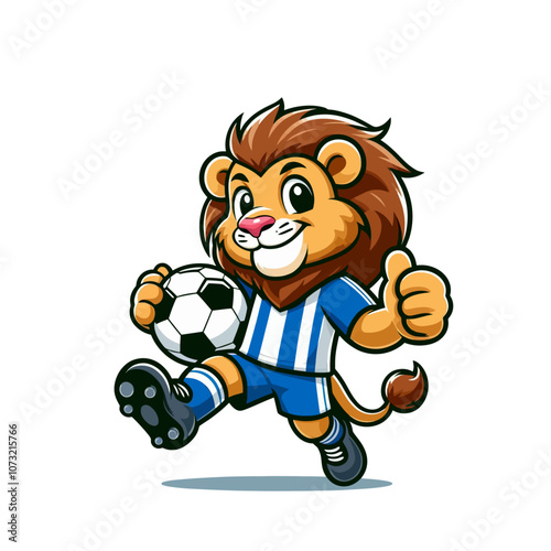 Cute lion cartoon character mascot. Soccer player. Isolated vector illustration