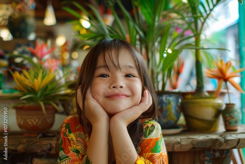 Smiling girl sitting at a table, greenery in background.