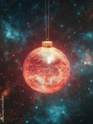 A vibrant red ornament floats through a cosmic background filled with colorful stars and galaxies