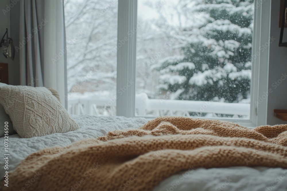 A Cozy Bed with a View of Snow Falling on Trees Through a Window A Cozy Bed with a View of Snow Falling on Trees Through a Window