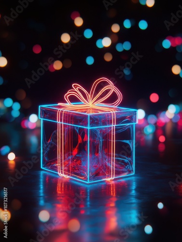 A brightly lit gift box with glowing neon outlines surrounded by colorful bokeh lights at night