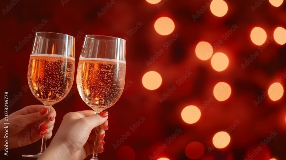 Two hands hold sparkling champagne glasses against a blurred backdrop of glowing red lights, perfect for celebrations and festive moments. Two hands hold sparkling champagne glasses against a blurred backdrop of glowing red lights, perfect for celebrations and festive moments.