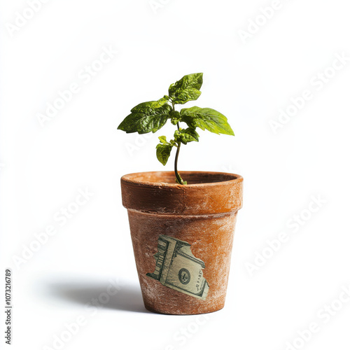 Potted Plant with Dollar Bill, Symbol of Economic Growth and Sustainable Investment