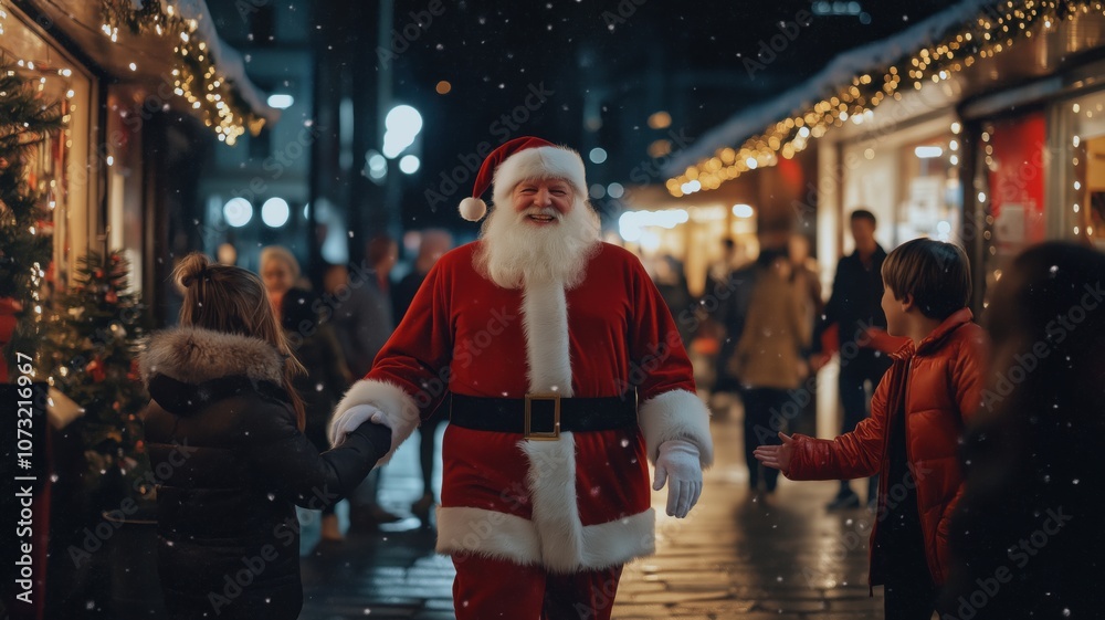 Friendly Santa Claus greets children in a festive winter market at night filled with holiday lights Friendly Santa Claus greets children in a festive winter market at night filled with holiday lights