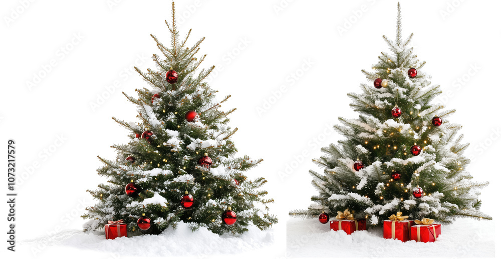 Set, collection of beautifully decorated Snowy Christmas tree on transparent background