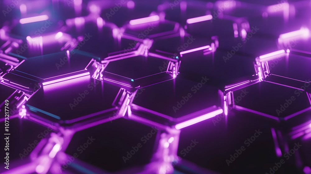 Obraz premium A purple glowing hexagonal grid with radiant edges and a sleek reflective surface, symbolizing futuristic technology and design.