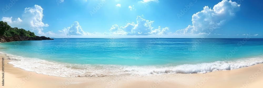 Serene Beach Landscape with Crystal Clear Turquoise Water and Soft White Sand Under a Bright Blue Sky Surrounded by Lush Greenery and Fluffy Clouds Serene Beach Landscape with Crystal Clear Turquoise Water and Soft White Sand Under a Bright Blue Sky Surrounded by Lush Greenery and Fluffy Clouds