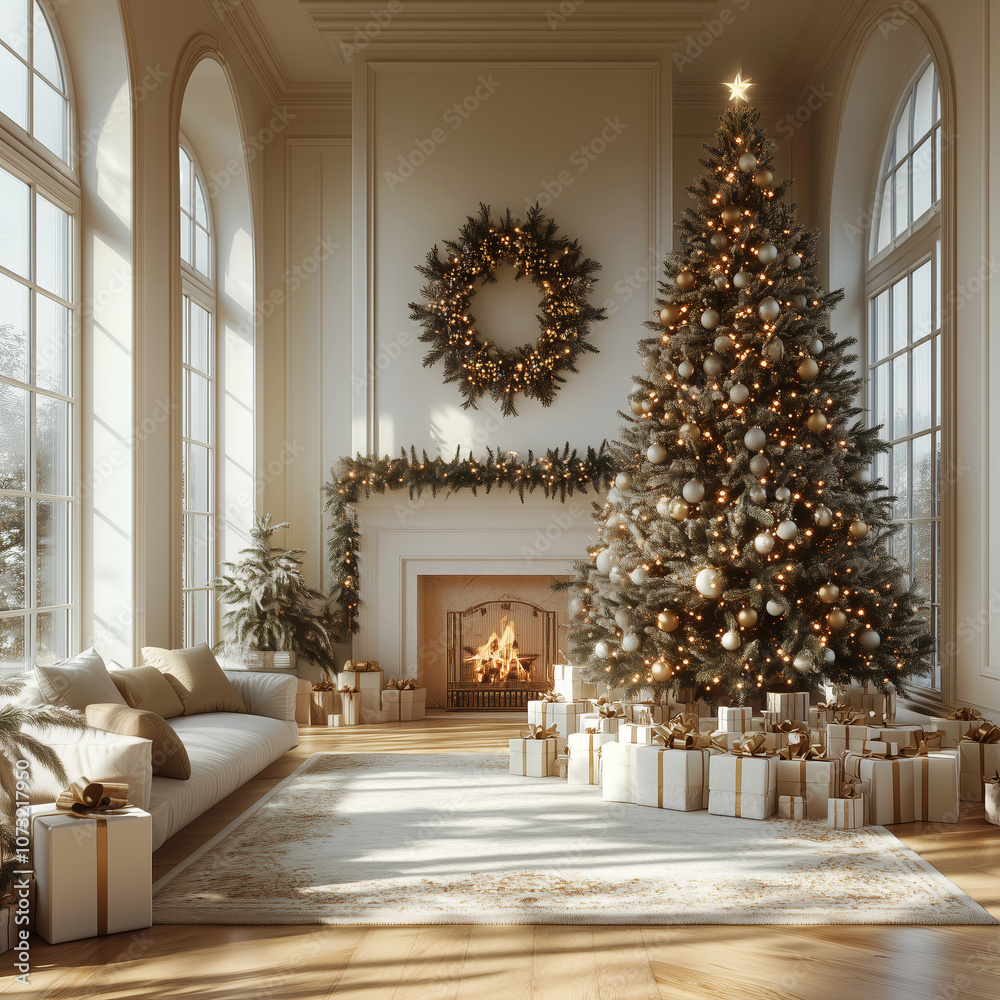 Fototapeta premium Festive white interior decorated for Christmas. Big living room in classic style with fireplace and Christmas tree.