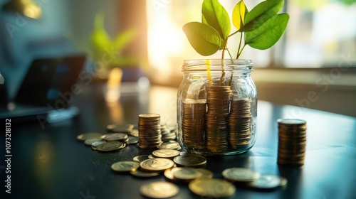 A glass jar filled with coins and a sprouting plant symbolizing financial growth.
