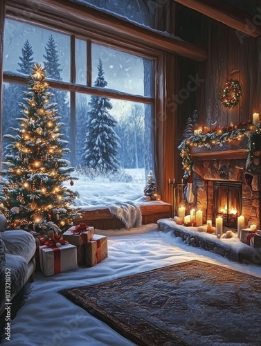 A Cozy Christmas Cabin with a Snowy View and a Warm Fireplace