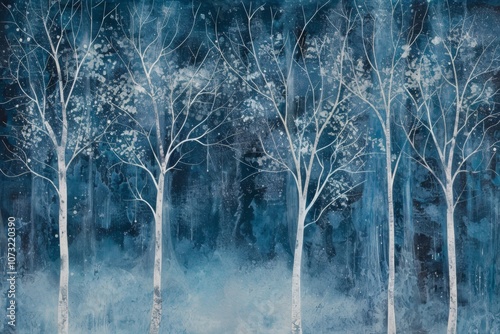 Serene winter forest. Illustration in blue and white.