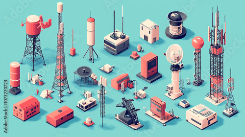 Conceptual template with man and woman looking at cell tower. Scene for pros and cons of 5G technology standard for digital cellular networks. Modern isometric vector illustration for webpage.