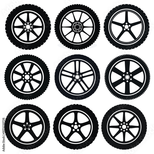 Silhouettes of wheel and tire designs, different styles of rims and spokes, ideal for automotive, transportation, vehicle themes. Best for car accessories, mechanics, and wheel manufacturing. EPS 10