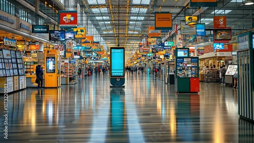 Digital signage with a screen in a mall aisle, enhancing the shopping experience G