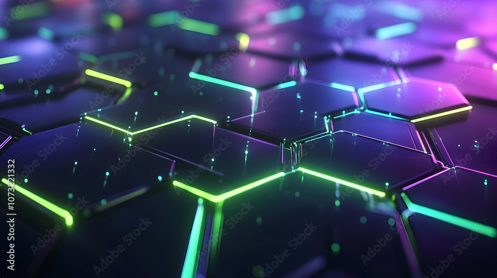 Fototapeta premium A futuristic hexagonal grid design illuminated with neon green and blue glowing accents, resembling a high-tech interface.