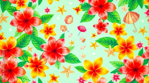 Seamless Tropical Floral Pattern with Starfish, Shells, and Umbrellas