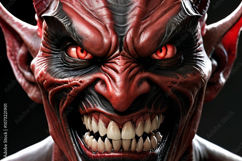 Naklejka premium a demon with very smooth facial features, very smooth teeth and very smooth eyes, black and red, realistic, detailed, smooth