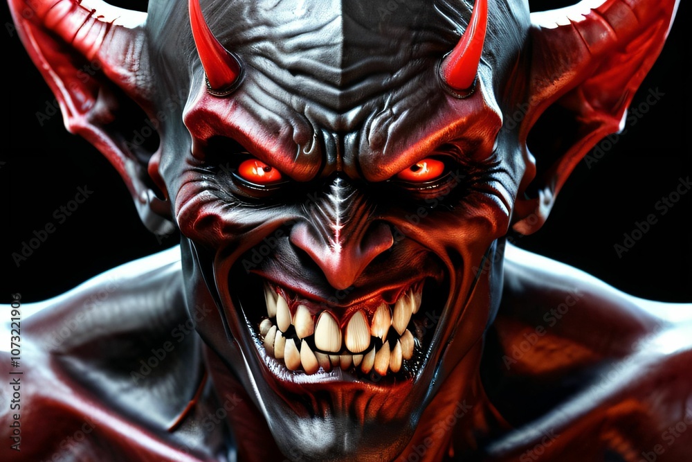 Naklejka premium a demon with very smooth facial features, very smooth teeth and very smooth eyes, black and red, realistic, detailed, smooth