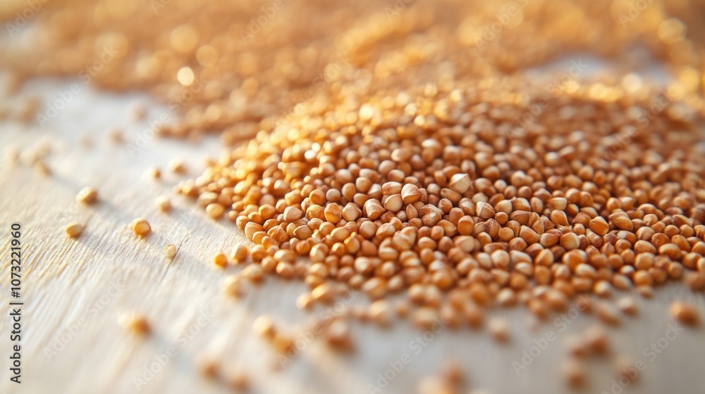 Close up of buckwheat grains spread on light wooden surface with copy space Close up of buckwheat grains spread on light wooden surface with copy space