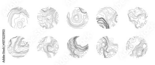 Set of topographic map circle patterns. Abstract background featuring mountain contour lines with varied textures and shapes. Vector illustration of elevation layers and landscape form.