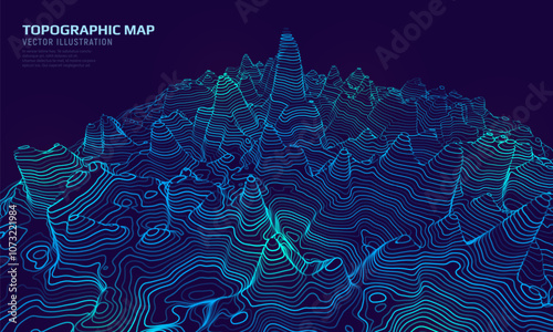 3D topographic map. Geographic contour map background with elevation lines. Detailed terrain visualization concept. Vector illustration of landscape elevations and natural relief.