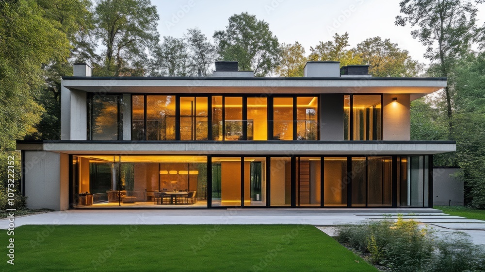 Modern house with flat roof and large windows in serene forest setting