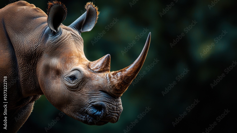 A rhino with a large horn is staring at the camera A rhino with a large horn is staring at the camera