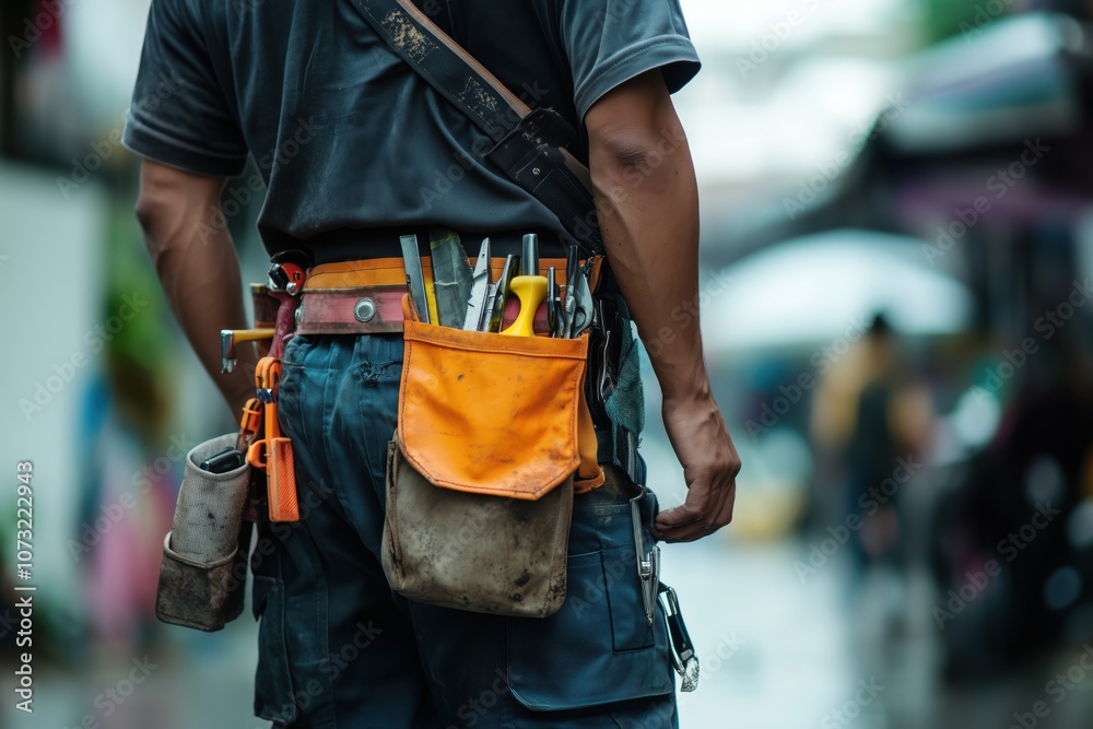 A tool belt hangs on the workbench A tool belt hangs on the workbench