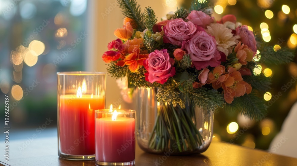 A Bouquet of Flowers with Two Burning Candles in Glass Jars on a Wooden Table A Bouquet of Flowers with Two Burning Candles in Glass Jars on a Wooden Table