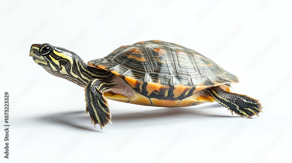 Obraz premium A small turtle walks across a white background.