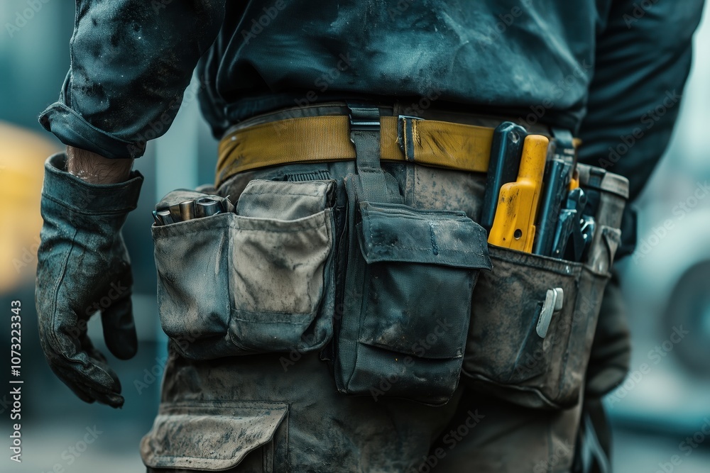 A tool belt hangs on the workbench A tool belt hangs on the workbench