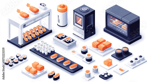 Sushi order. Online store order various asian food. Vector service on smartphone, restaurant menu online, sushi and seafood illustration isometric vector design illustration.