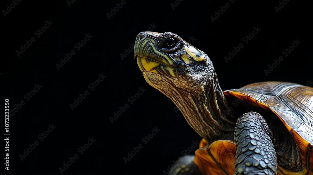 Obraz premium A close-up photo of a turtle's face, showing its eye and shell, with a blurred green background.