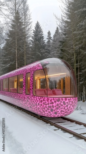 Pink leopard print train in the snow, large glass windows.