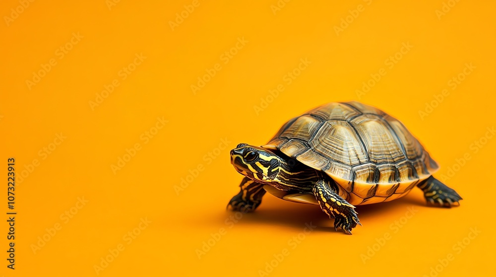 Fototapeta premium A small turtle with a patterned shell crawls across an orange background.