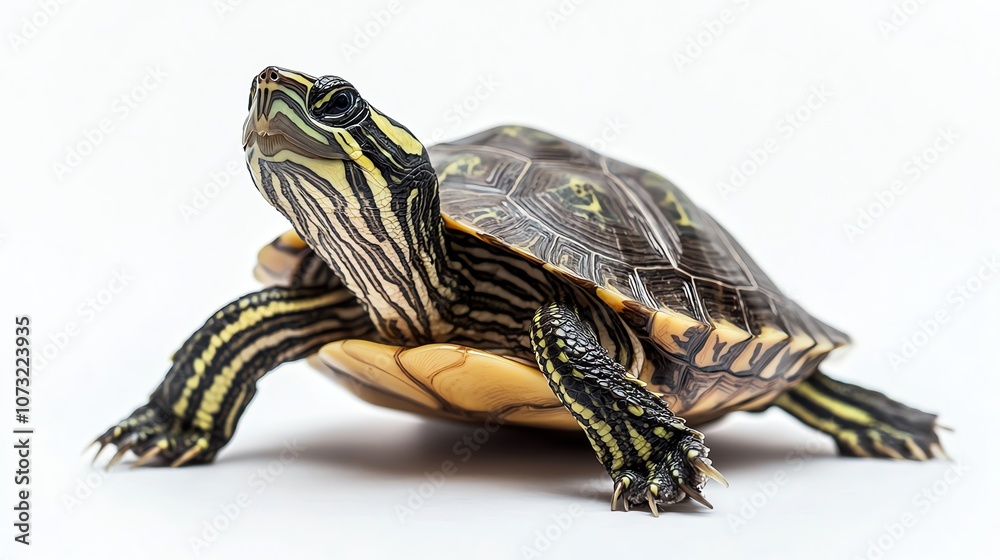 A small turtle with a patterned shell crawls forward on a white background. A small turtle with a patterned shell crawls forward on a white background.