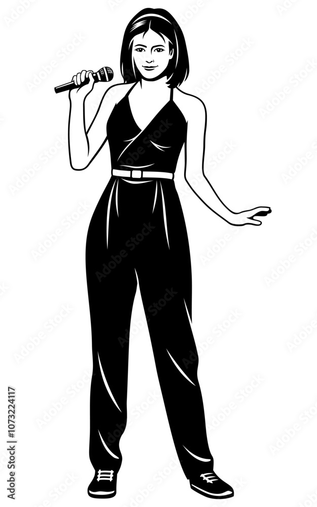 Young Singer Girl in Overalls. Black and white vector clipart isolated on white. Young Singer Girl in Overalls. Black and white vector clipart isolated on white.