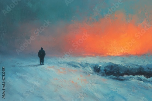 Distant figure in snow-swept plain, winter dusk colors, atmospheric perspective photo