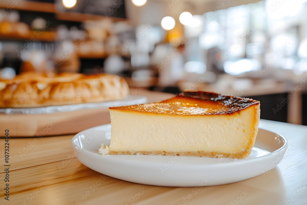High-detail close-up of a creamy Flan Parisien slice with a caramelized top and smooth custard layers, on a white plate. Background: sleek French bakery with modern décor High-detail close-up of a creamy Flan Parisien slice with a caramelized top and smooth custard layers, on a white plate. Background: sleek French bakery with modern décor