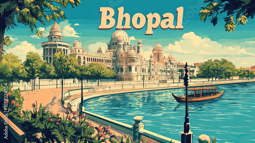 Bhopal, India, modern french vintage art nouveau travel poster art. City name in text, bold art nouveau font. Banner, illustration, print, backdrop