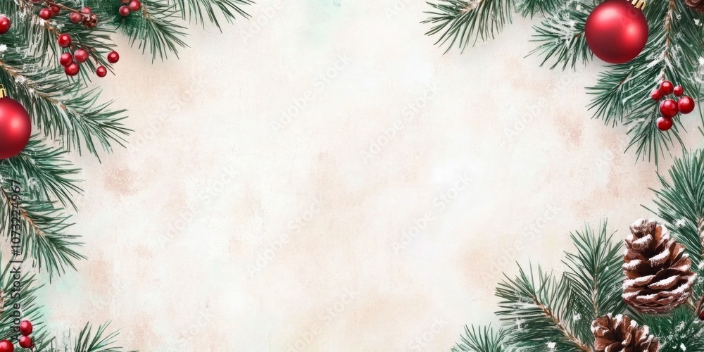 Festive Christmas background with pine branches and red ornaments creating a warm and cheerful atmosphere Festive Christmas background with pine branches and red ornaments creating a warm and cheerful atmosphere