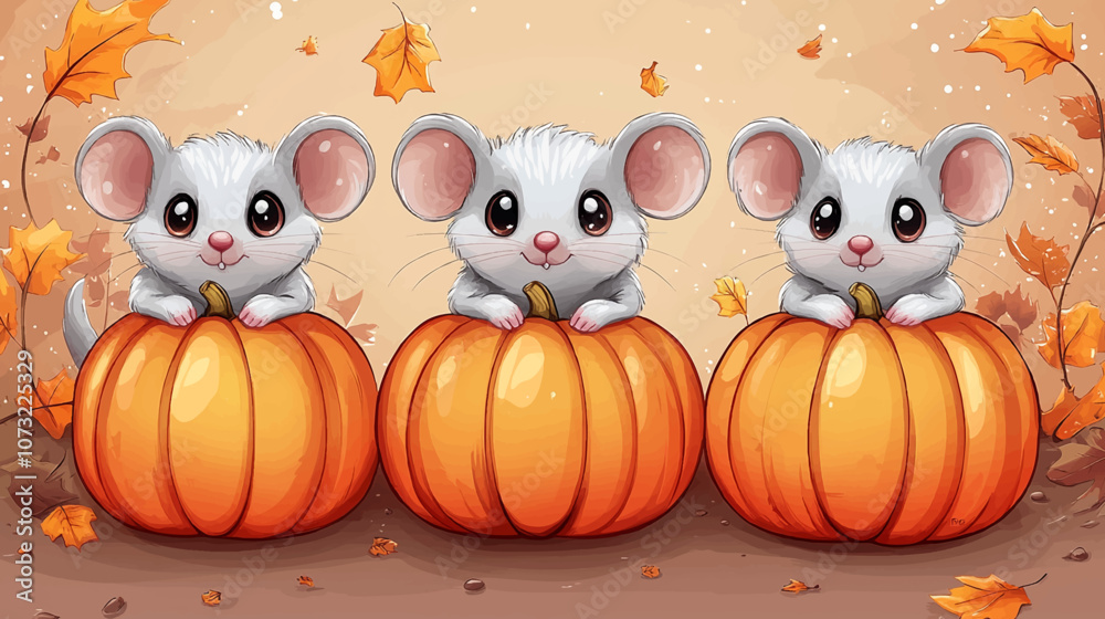 Obraz premium Vector set of mouse characters, Halloween kawaii cartoon style. Rats dressed up in pumpkin hat, Mouse with pumpkin and candies. Halloween and thanksgiving cartoon illustration.